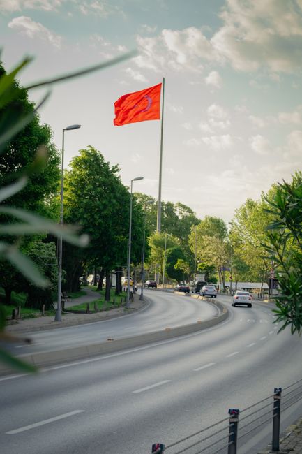 A view of a curved urban street lined with green trees and lampposts, with several cars driving along the road beneath a partly cloudy sky. A prominent red flag on a tall flagpole is visible on the left side of the image, fluttering slightly in the breeze. In the foreground, blurred green foliage frames the scene, which appears to be in a residential or commercial area. The image captures a calm moment during daytime, with the road clear of heavy traffic, suitable for a home relocation or moving process. Occasionally, [COMPANY_NAME], such as Man With a Van Bow, may coordinate logistics like loading and unloading furniture and boxes onto vehicles, visible in similar settings during packing and moving operations, often involving transport vehicles nearby.